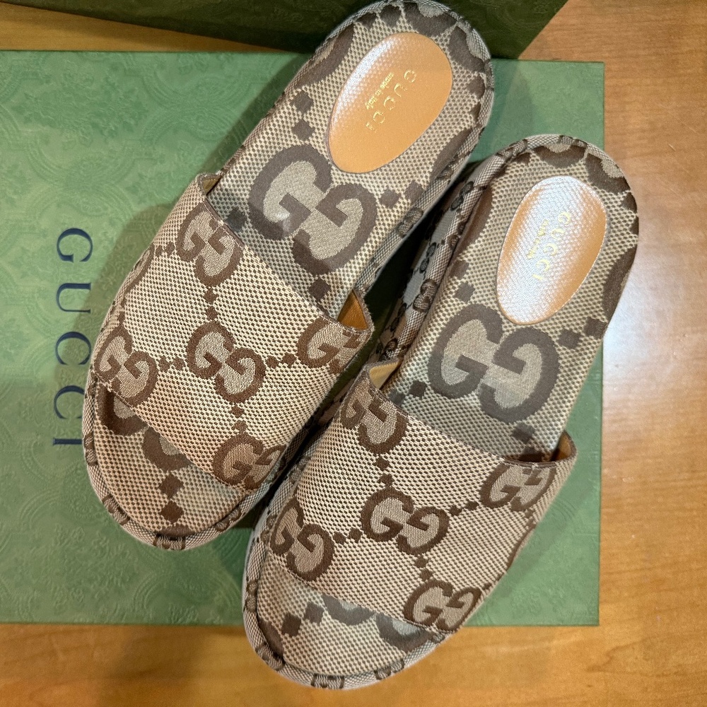 Gucci Macro GG Canvas Camel Ebony Sandal Size 38